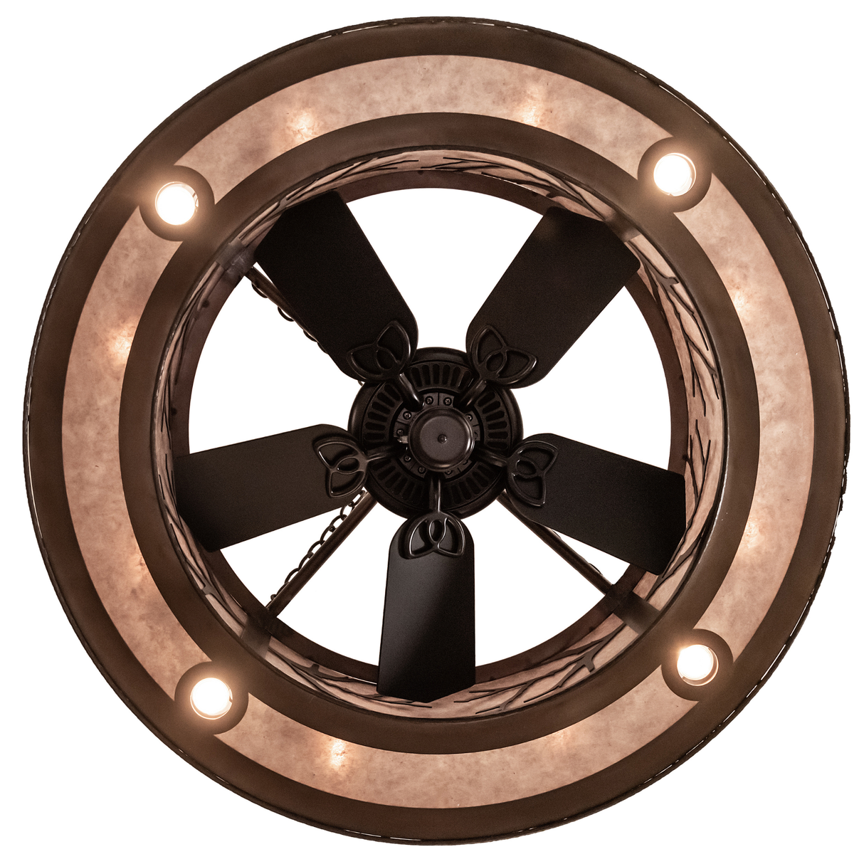 Bottom view displaying five fan blades surrounded by softly lit mica panels.