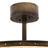 Close-up of ceiling canopy and downrod in burnished antique copper finish.