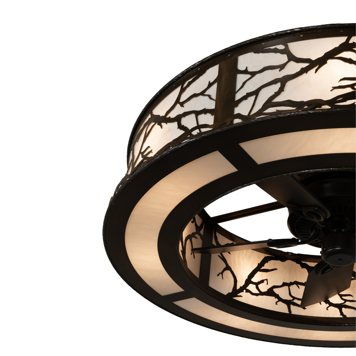 Frame detail showcasing hand-forged bronze branch design and light diffusion.