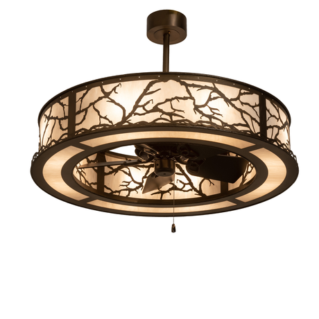 Front lit view of Branches Chandel-Air featuring rustic branch design and warm glow.