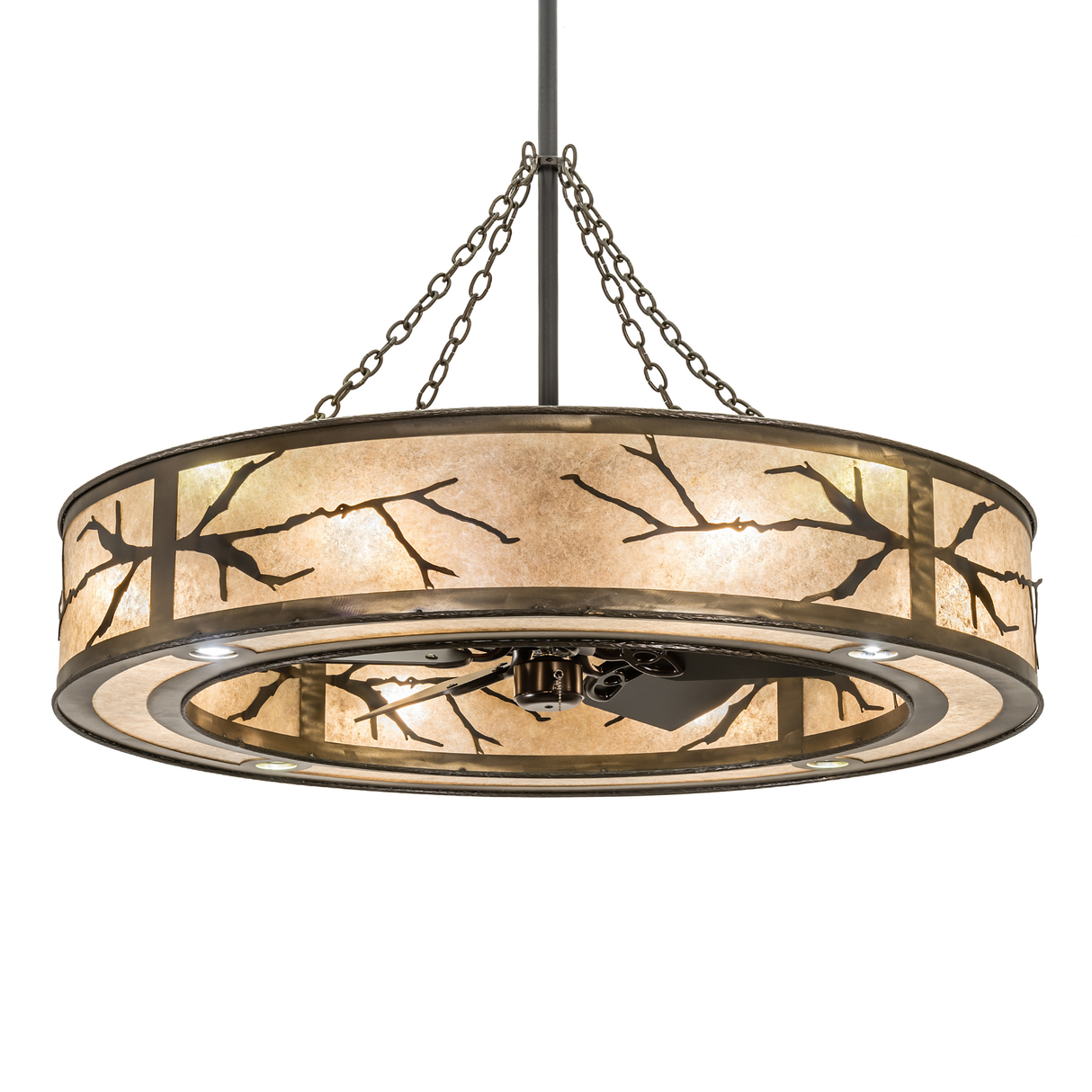 Front view of Branches Chandel-Air with glowing mica diffuser and branch patterns.