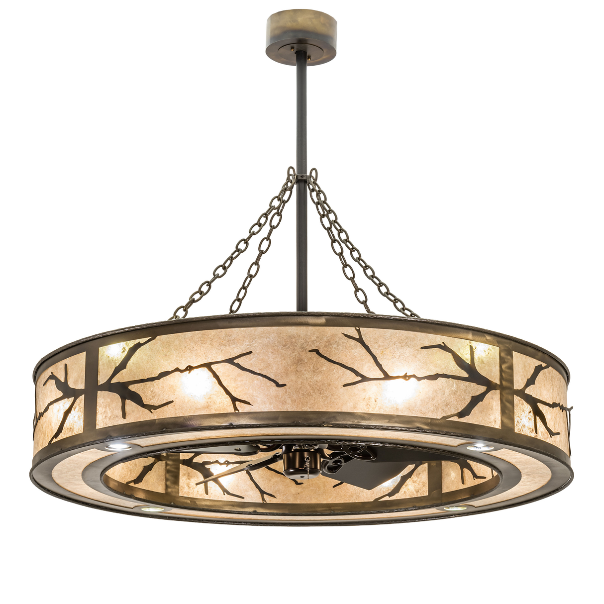 Lit front view of Branches Chandel-Air with canopy, chains, and mica diffuser.