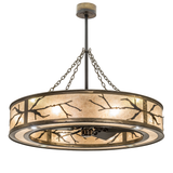 Lit front view of Branches Chandel-Air with canopy, chains, and mica diffuser.