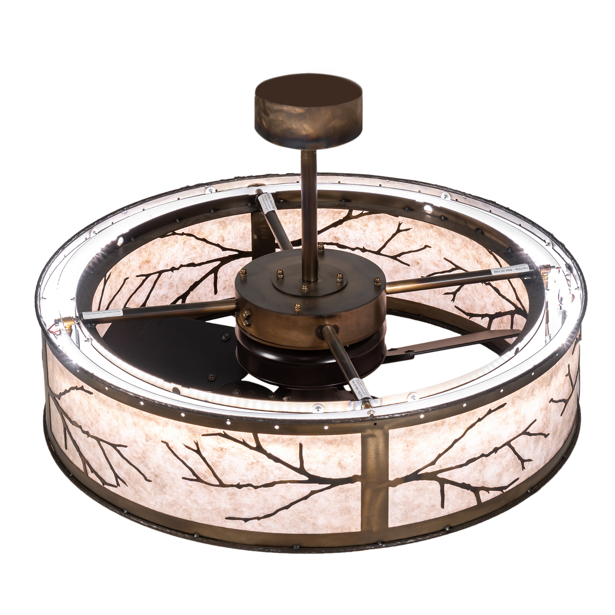 Overhead lit view showing structural rods, canopy, and integrated fan assembly.
