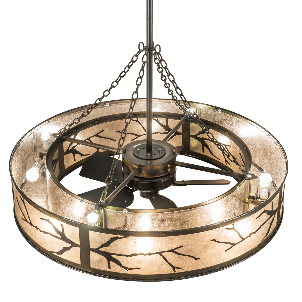 Angled top view showing fan mount, bulbs, and chain suspension.