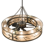 Angled top view showing fan mount, bulbs, and chain suspension.