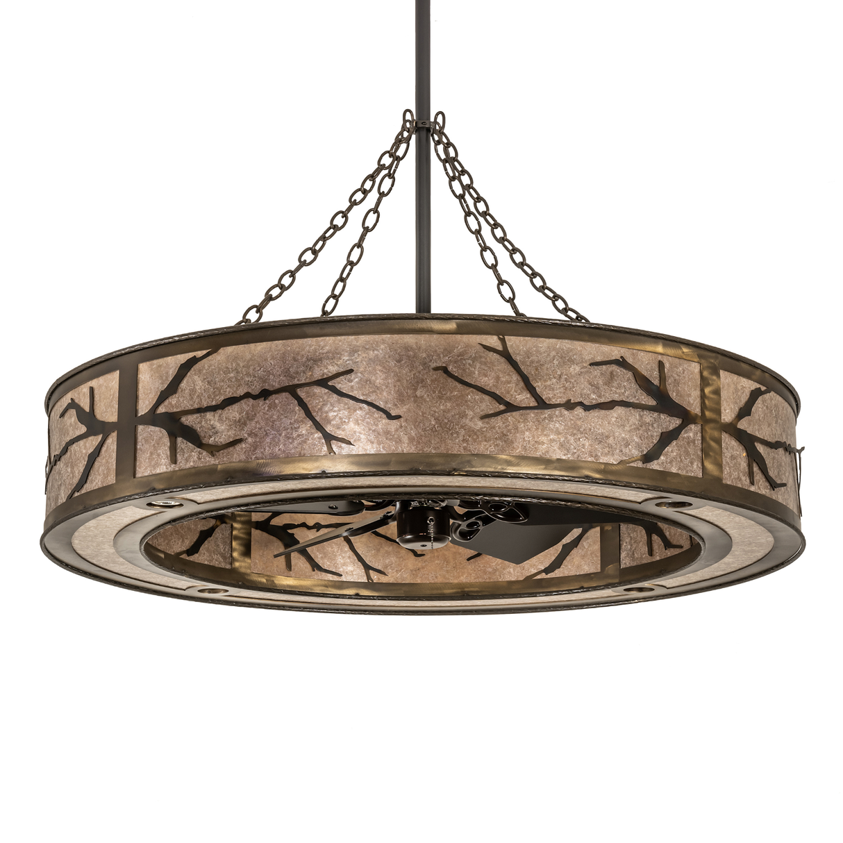 Unlit front view highlighting copper finish and branch motif panels.