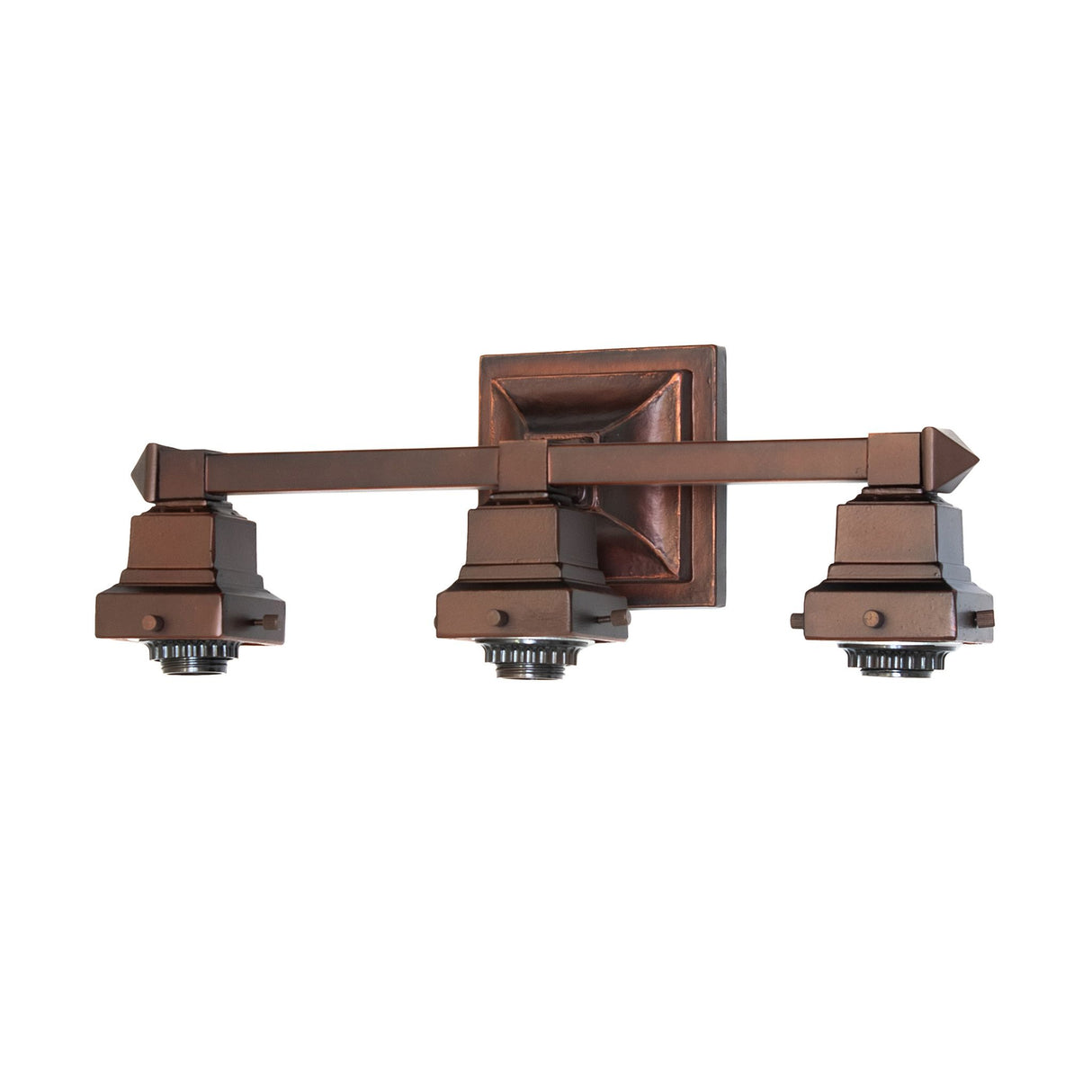 Front view of bronze Mission-style 3 light vanity hardware.
