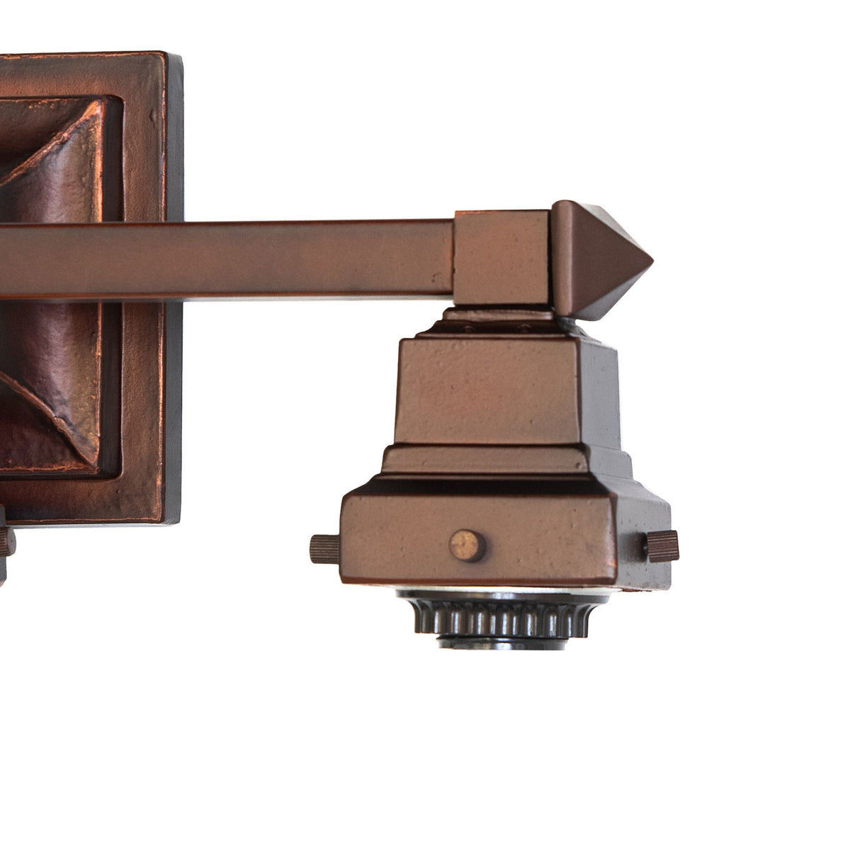 Side detail of bronze Mission-style 3 light vanity hardware.