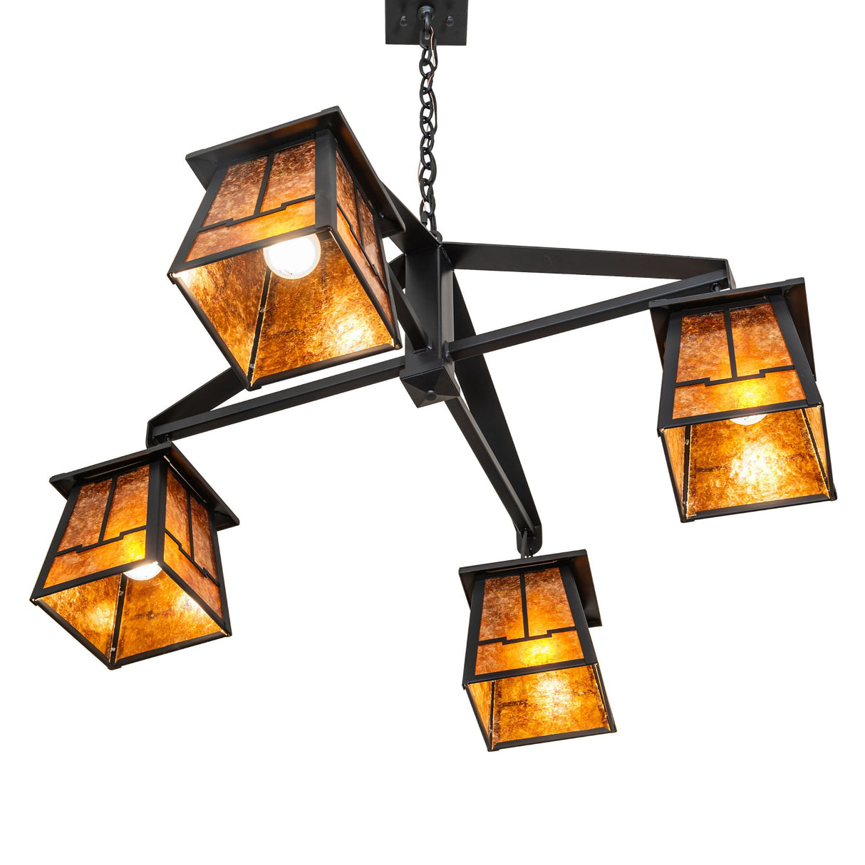 Bottom angle view of chandelier showing illuminated lantern-style shades.