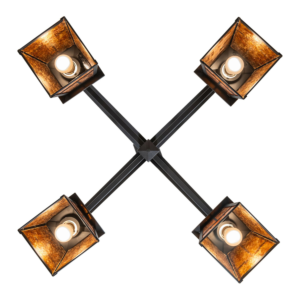 Bottom view of four-light chandelier showing bulb placement and frame layout.
