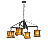 Full view of four-light chandelier with flat black frame and amber mica shades.