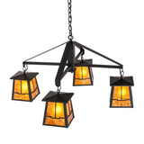 Top angle view of chandelier highlighting suspension arms and flat black finish.