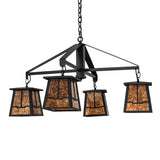 Bungalow valley view four-light chandelier shown unlit with amber mica shades.