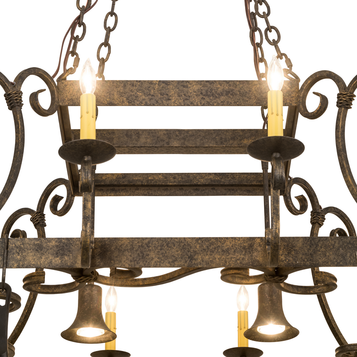 Close-up view highlighting Caiden 10-light pot rack scroll arms and lights.