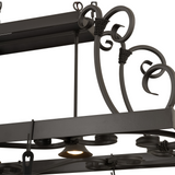 Close-up of scroll accents and light fixture on Caiden pot rack.