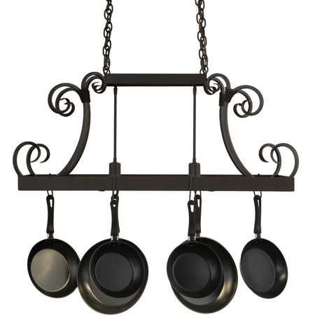Straight-on front view of Caiden 2-Light pot rack with pans hanging