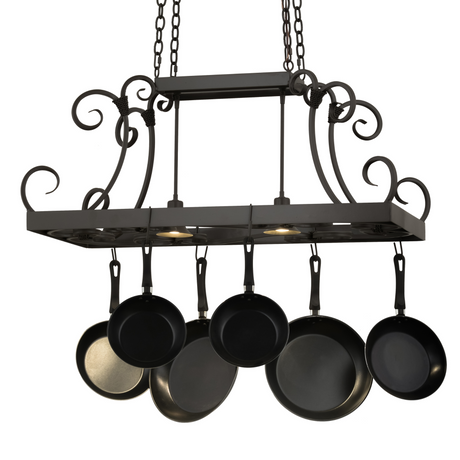 Front view of 43" Caiden 2-Light pot rack chandelier with scroll design.