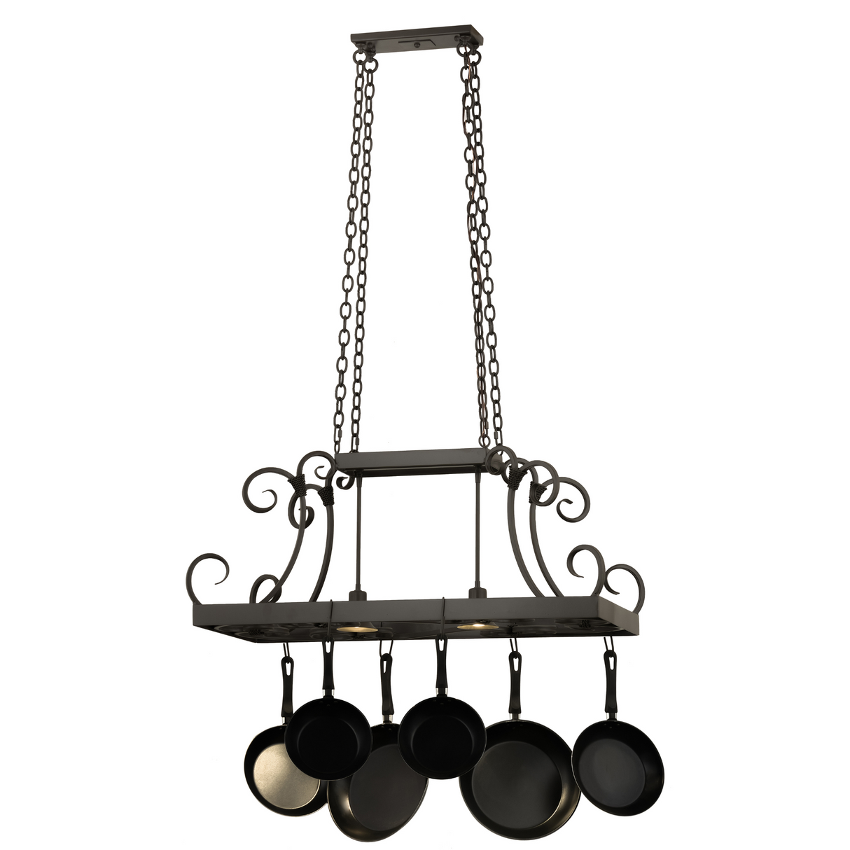 Full-length view of Caiden 2-Light pot rack hanging from ceiling.