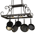 Caiden 2-Light pot rack chandelier illuminated with warm downlighting.