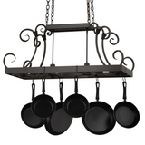 Side angle view of Caiden 2-Light pot rack with bronze finish and cookware.