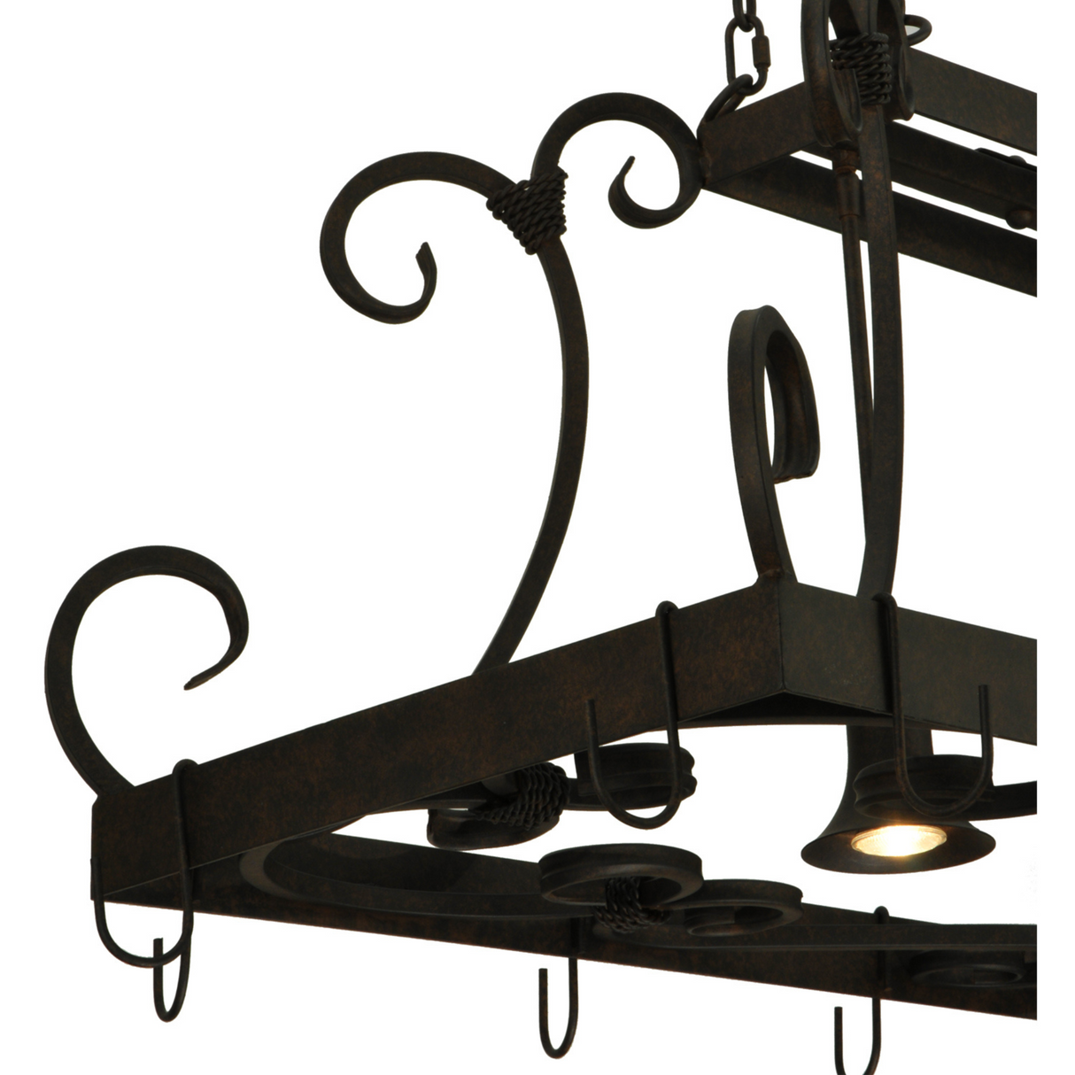 Close-up angle of scroll arms and chain on Caiden pot rack.