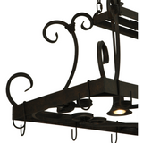 Close-up angle of scroll arms and chain on Caiden pot rack.