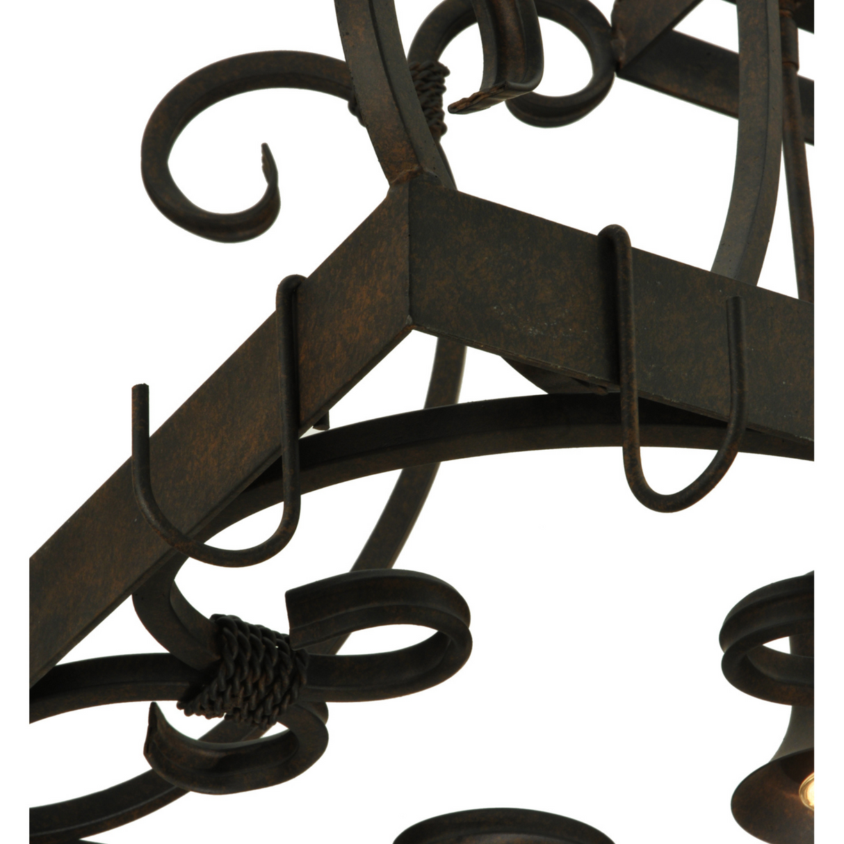 Close-up view of hand-forged scroll design on Caiden chandelier.