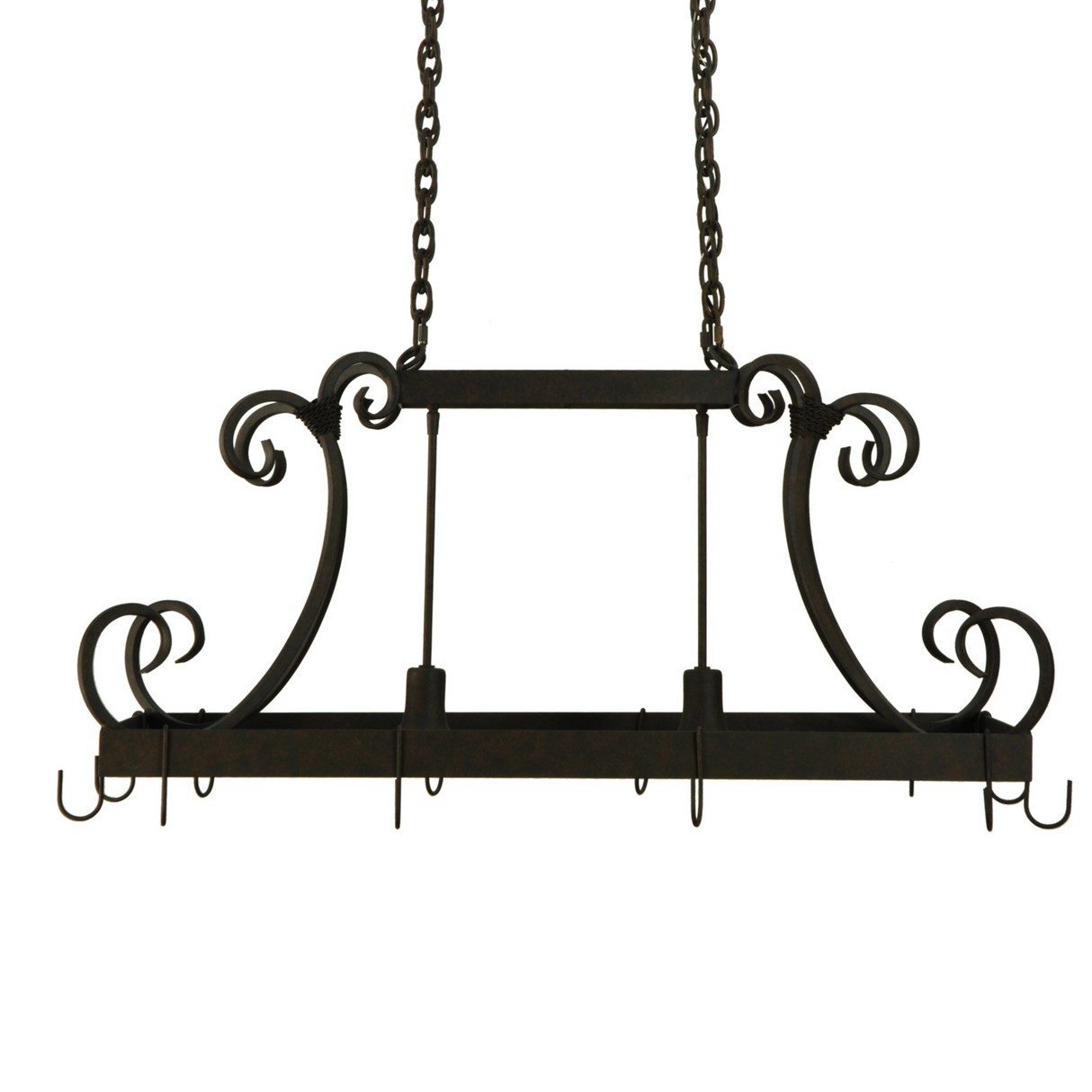 Side profile of Caiden pot rack chandelier with lights off.