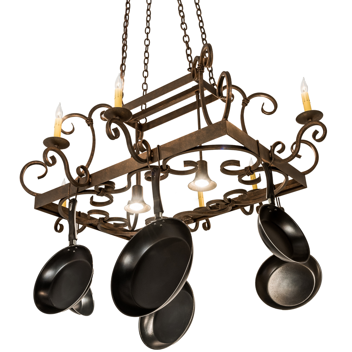 Bottom angle view showing downlights and hanging cookware.