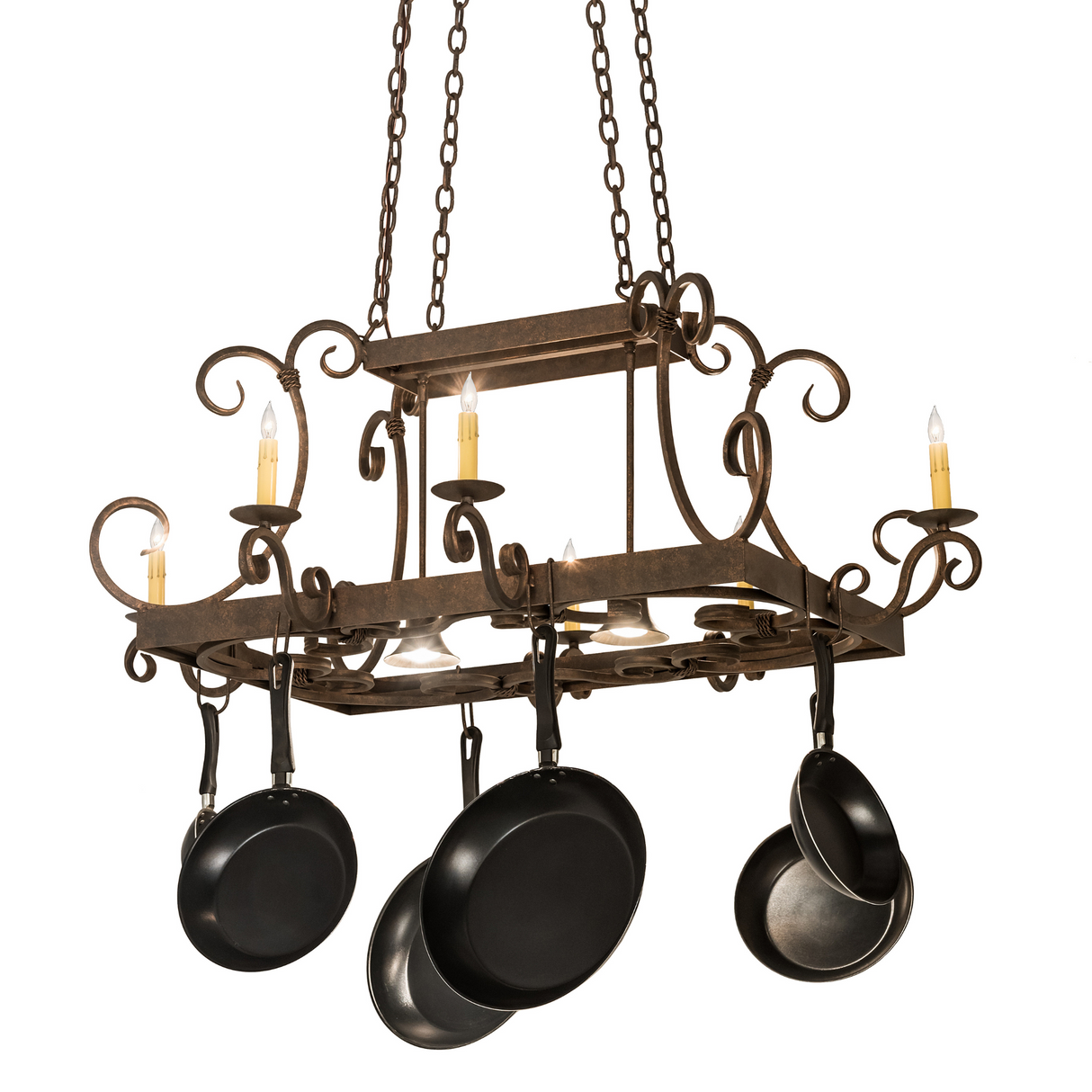 Front view of 50" Caiden 6-Light Pot Rack with pans.