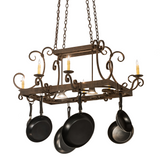 Front view of 50" Caiden 6-Light Pot Rack with pans.