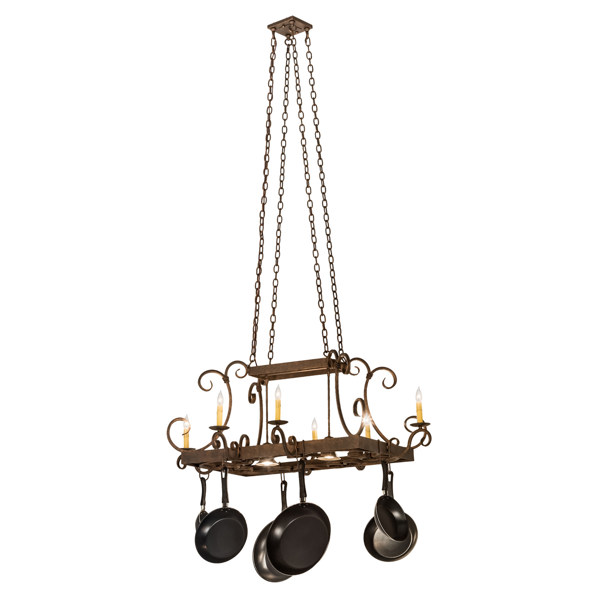 Full hanging view showing entire fixture with chains and pans.