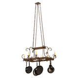 Full hanging view showing entire fixture with chains and pans.