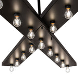Detail of criss cross metal bars and Edison bulbs on Caldero chandelier.