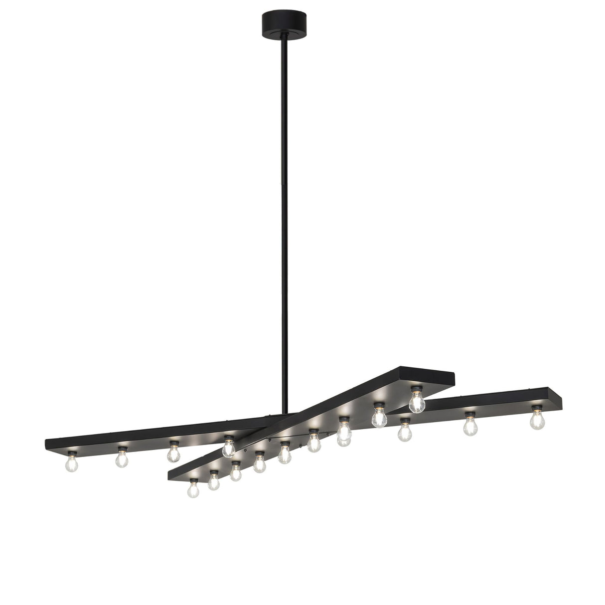 Full view of chandelier featuring intersecting rectangular arms with exposed Edison bulbs.
