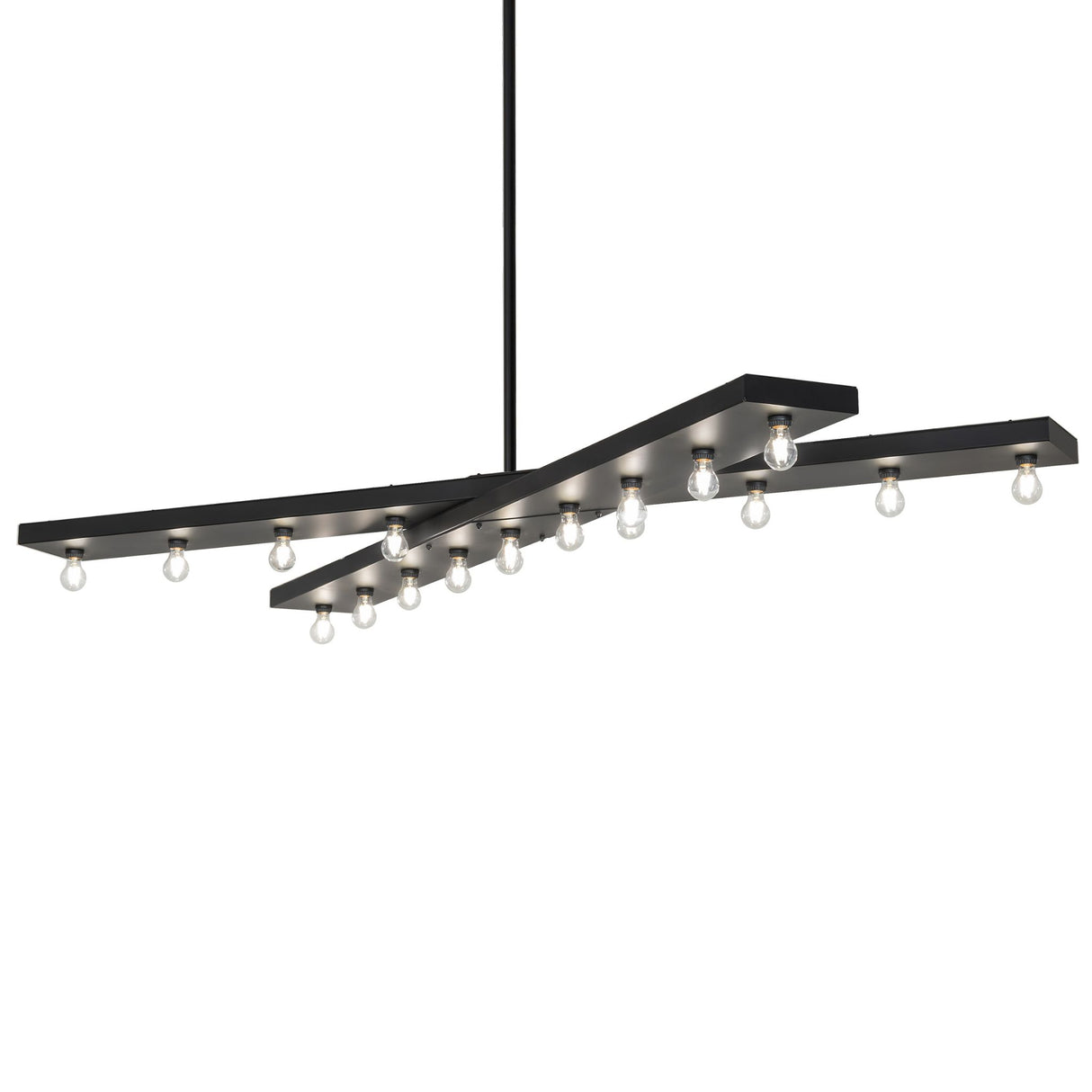 Caldero 17 light oblong chandelier with illuminated Edison bulbs in solar black finish.