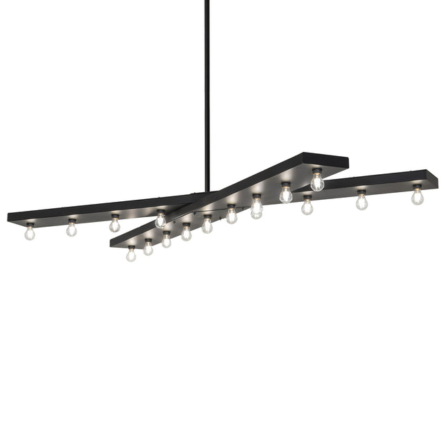 Caldero 17 light oblong chandelier with illuminated Edison bulbs in solar black finish.