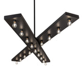 Side angle view of chandelier showing overlapping linear arms and Edison-style bulbs.