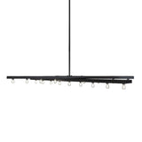 Side profile of Caldero 17 light oblong chandelier showing Edison bulbs and suspended rod.