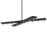 Caldero 17 light oblong chandelier showing criss cross metal frame in solar black finish.