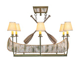 Front view of canoe chandelier emphasizing elongated canoe form and symmetrical lighting.