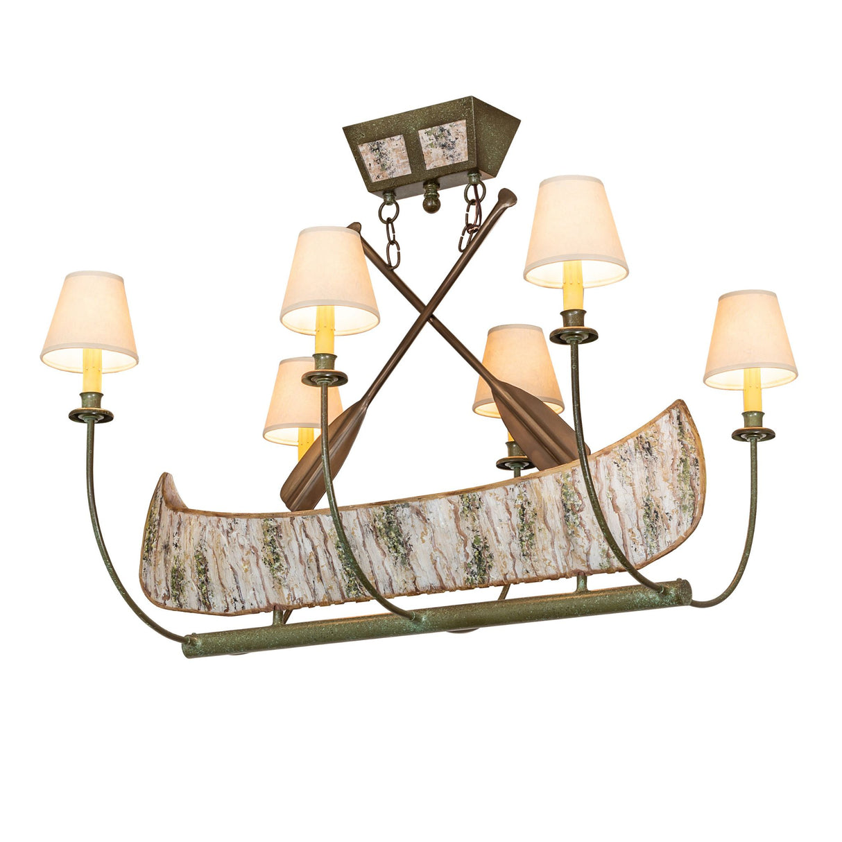 Lit view of canoe-style chandelier, featuring a rustic tarnished copper canoe frame.