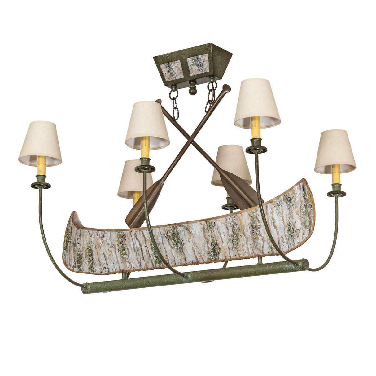 Unlit view of canoe-shaped chandelier showcasing tarnished copper finish.