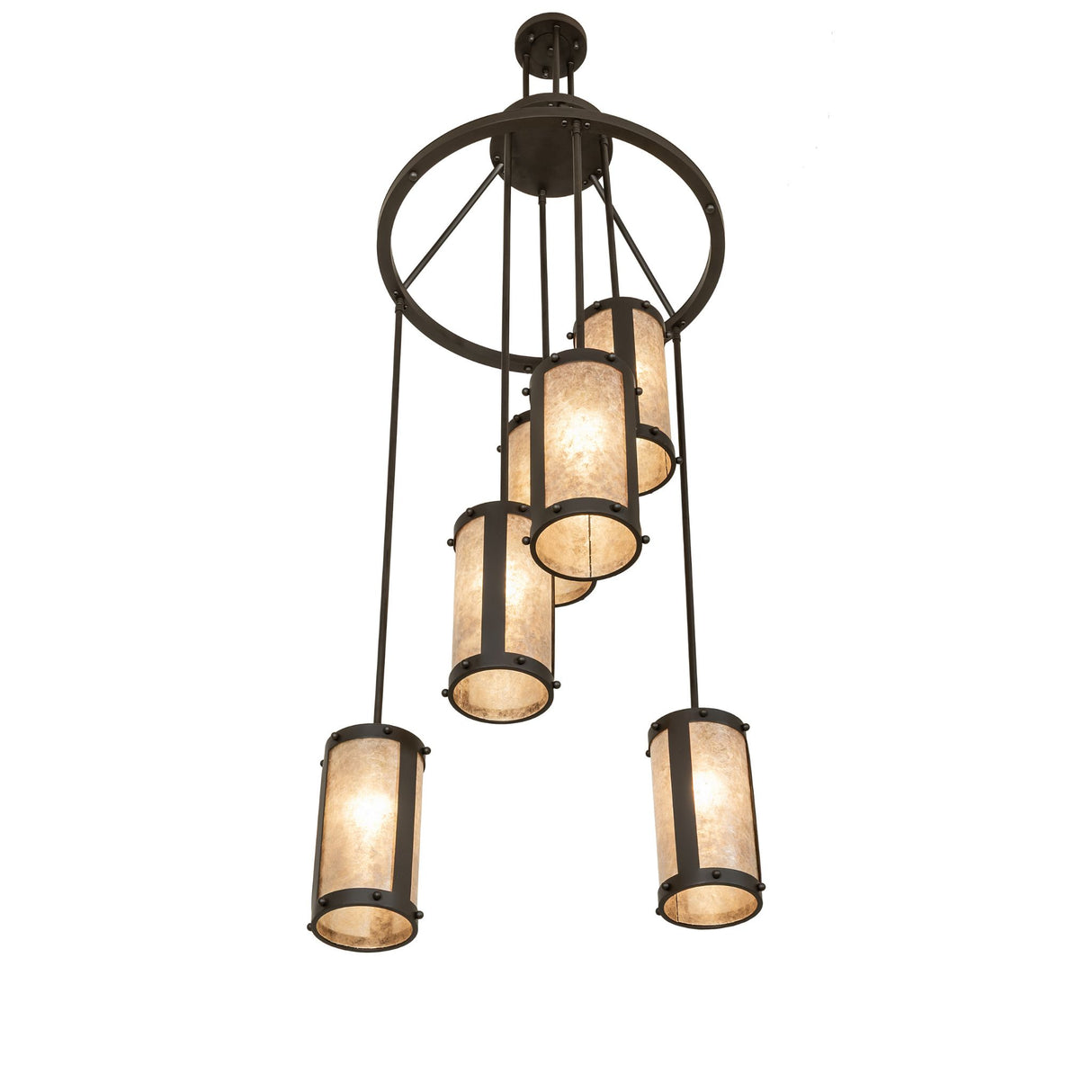 Bottom angled view showing the staggered cascading layout of the Cartier 6-light chandelier.