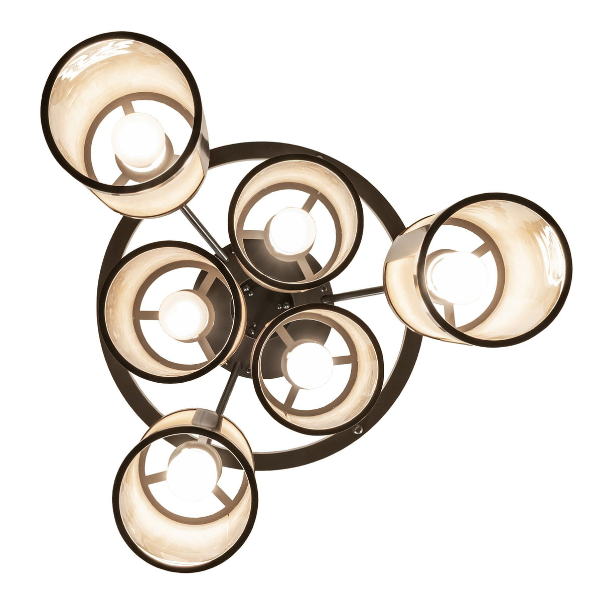 Bottom view of the cartier chandelier showing circular frame and internal bulb placement.