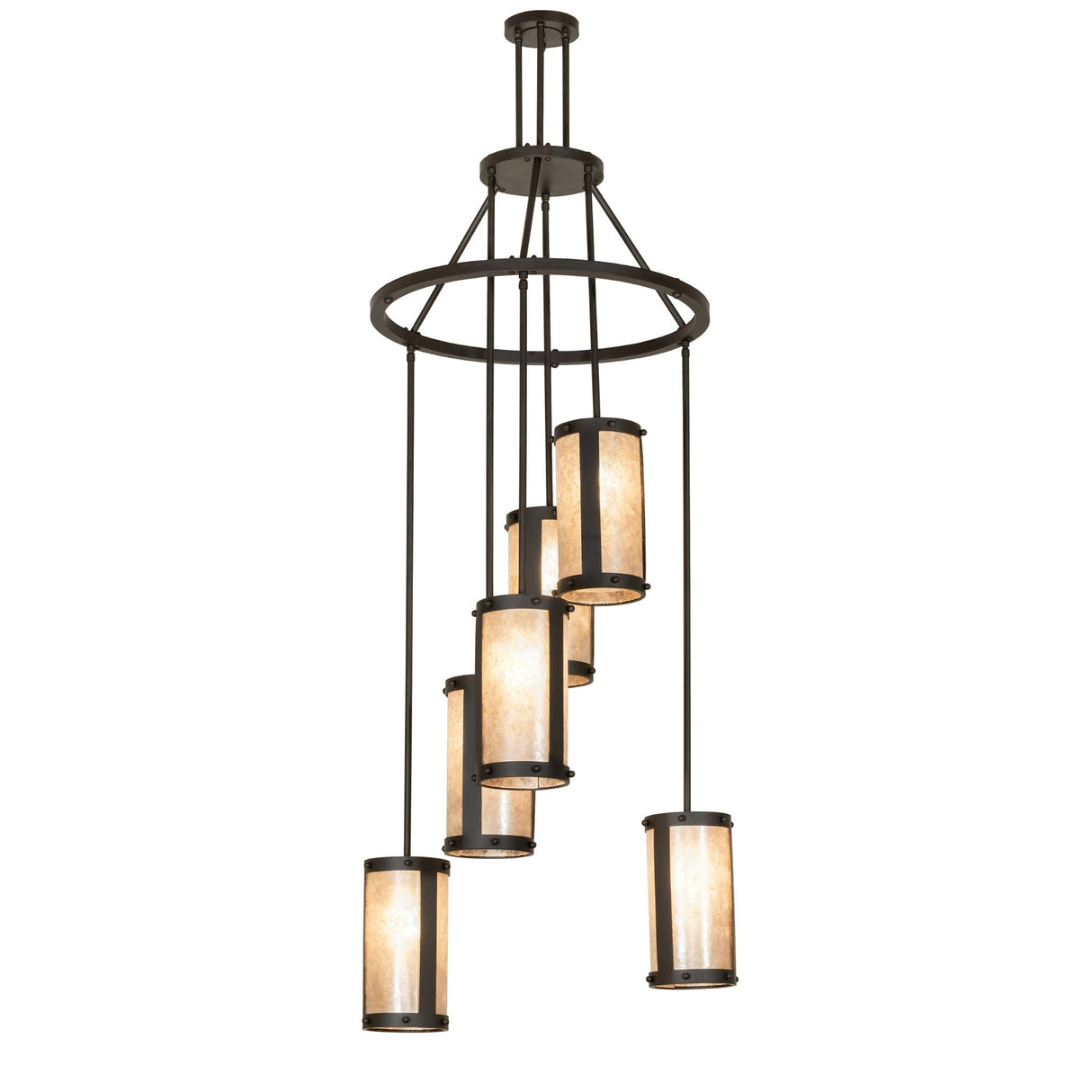 Main studio view of the Cartier 6-light cascading chandelier illuminated.