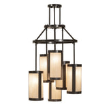 Side angle view of 6 Light Chandelier displaying layered cylinder light arrangement.