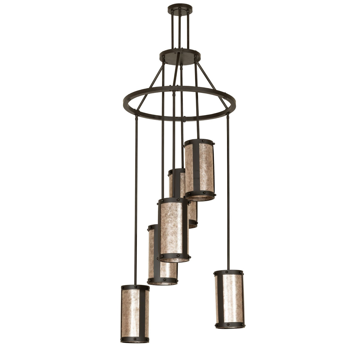 Unlit view of the Cartier chandelier’s bronze frame and silver mica diffusers.