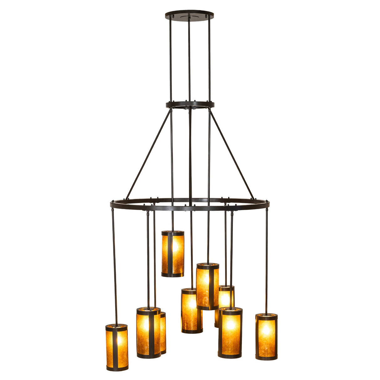 Side angle view of the Cartier chandelier featuring amber mica diffusers.
